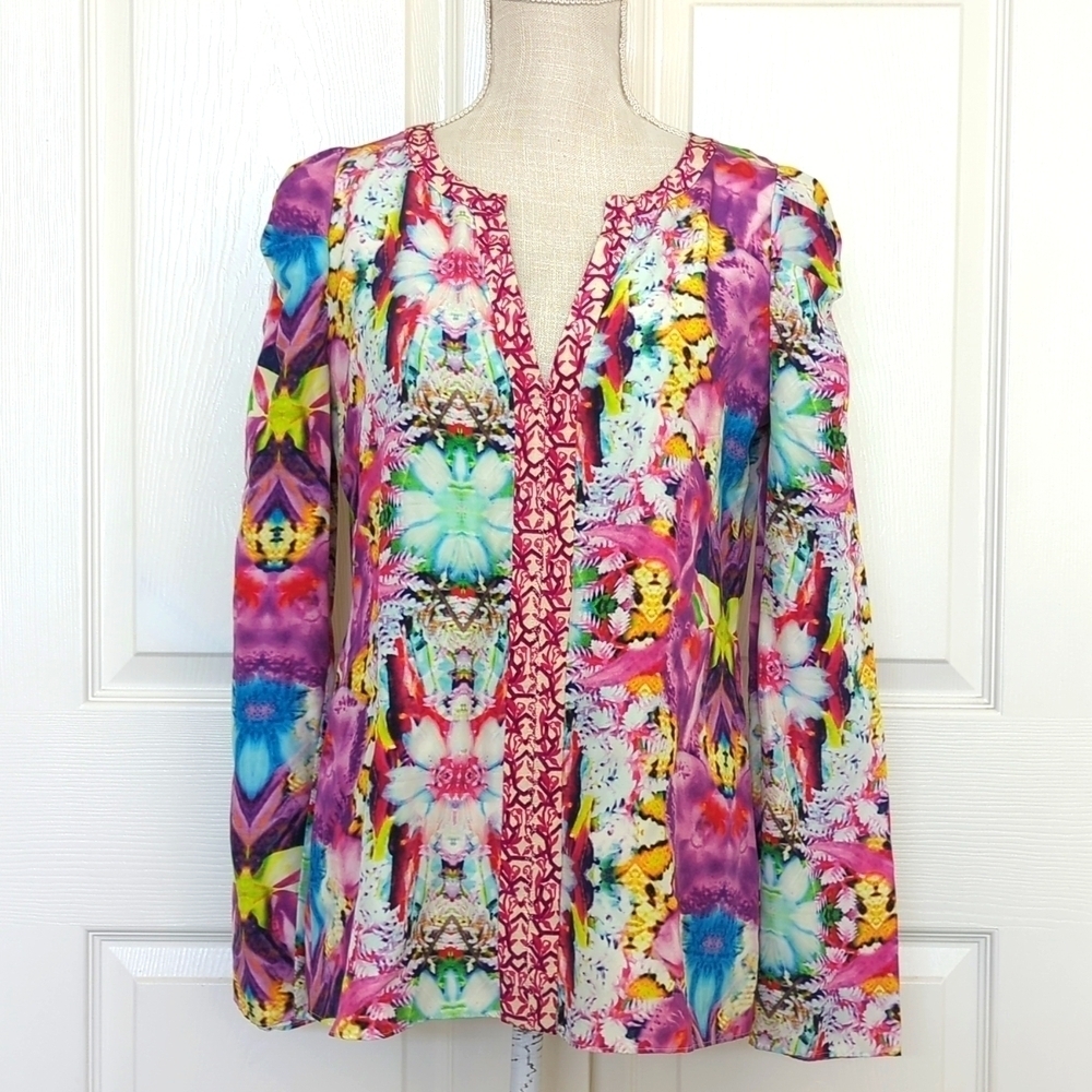 Rachel Roy Silk Abstract Print Long Sleeve Blouse